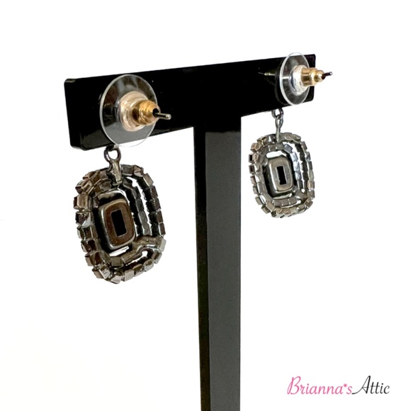 Black stone Crystal Silver Rhinestone Dangle Drop Clip-on Earrings - Picture 7 of 8